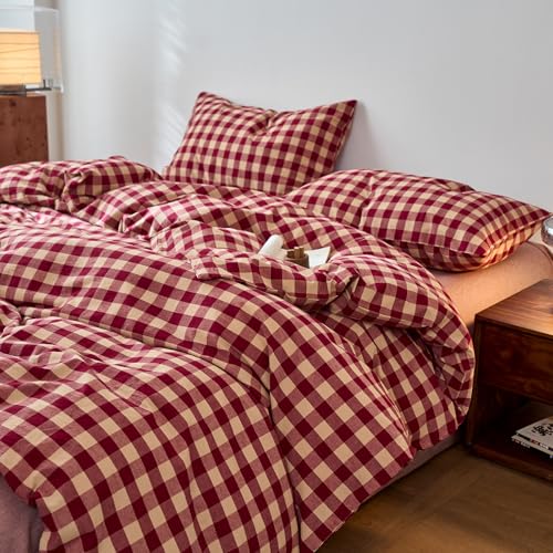 Image of EAVD Vintage Style Red Gingham Duvet Cover Twin Soft 100% Washed Cotton 3-Piece Reversible Plaid Checkered Bedding Set with 2 Pillowcases Farmhouse Buffalo Plaid Duvet Cover with Zipper Closure