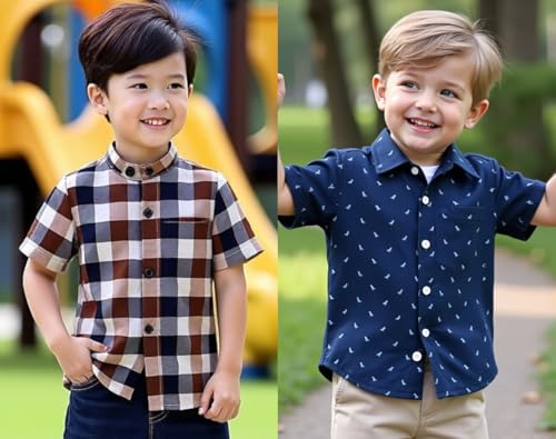 Image of Boys Short Sleeve Button Down Shirts, Plaid and Striped Pattern, Cotton Casual Tops, Pack of 2