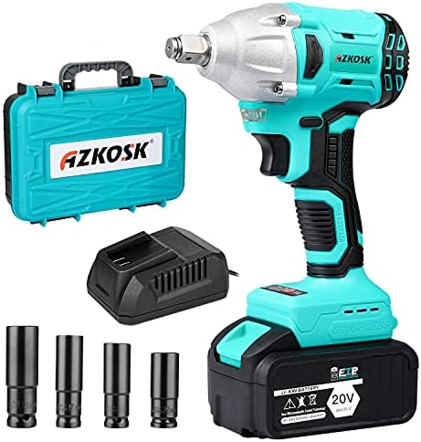 Azkosk 20V MAX Cordless Impact Wrench Kit, Brushless High Torque 1/2 Impact Gun,Maximum Torque of 300 ft-lbs (400N.m) 3.0A Lithium Ion Battery 4Pcs Socket, Impact Wrench with Battery for Car Home