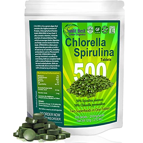 Chlorella Spirulina Cracked Cell Wall, 100% Pure & Clean, Raw Non-GMO Green Superfood, Protien Packed, by Sunlit, Best Green Organics (500 Tablets)