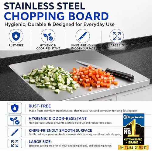 Image of Stainless Steel Chopping Board Large (42 cm x 30 CM), Steel Chopping Board for Kitchen Large,(with Rolling Pin) Rust-Proof Cutting Board with Anti-Countertop for Meat and Vegetables(Platform Medium)