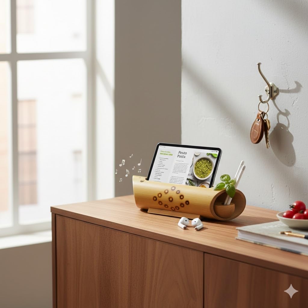 Bamboo Multi-Functional Desk Organizer and Phone Docking Station, Natural Wood Pen and Pencil Holder with Integrated Smartphone Stand, Minimalist Office Desktop Storage for Stationery and Accessories