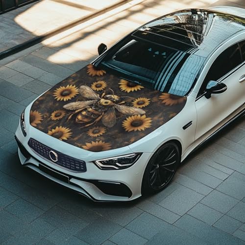 Image of Car Hood Cover Stretch Polyester Car Hood Protector Mechanical Bee Print Car Hood Flag Waterproof Car Exterior Accessories for Most SUVs Sedans Trucks Pickups