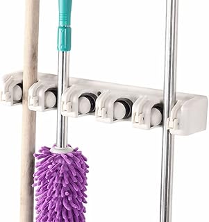 LIFKOME Broom Holder Wall Mount Hanger Hooks Mop and Broom Holder Wall Mounted Multifunctional Mop Broom Holder Hanger Organizer Storage Rack 5 Position 6 Hooks Broom Holder Wall Mount Hanger Hooks