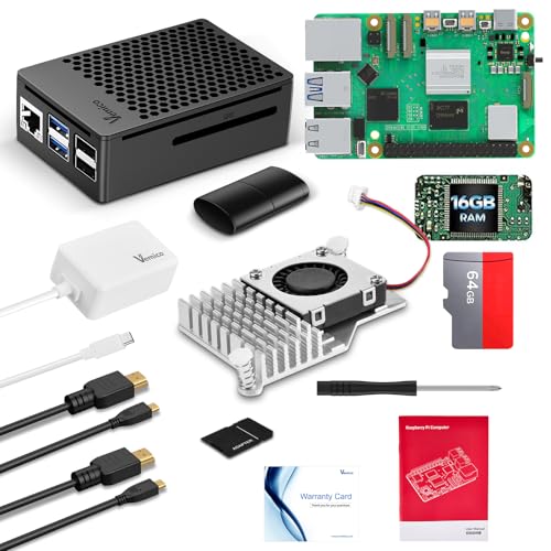 Vemico Raspberry Pi 5 16GB Starter Kit with Pi 5 16GB Single Board 27W GaN Power Supply Active Cooler 64GB SD Card ABS Case Card Reader&4K Micro HD Out Cables | Ideal for AI/OpenClaw/IoT Projects