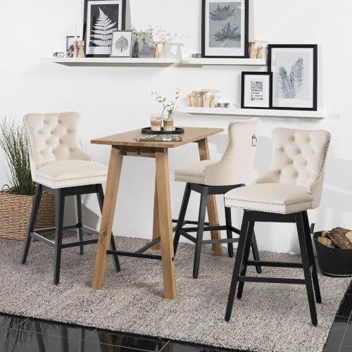 Image of Beige Swivel Bar Stools, Velvet Counter Height Bar Stools Set of 3