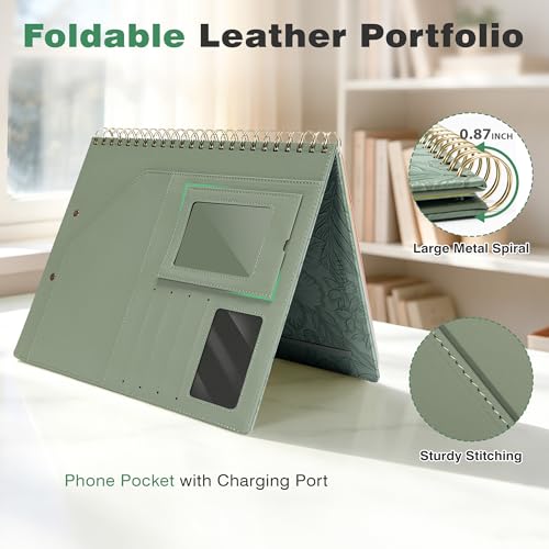 Image of Clipboard with Storage for Men Women, Leather Padfolio Portfolio Organizer 5 Folders with 10 Pockets, Spiral Clipboard Folio with Notepad for Letter Size, Elastic Closure and Pen Loop Green Floral