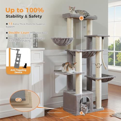 Image of MUTTROS Large Cat Tree for Maine Coon - 67 inch Tall Cat Tower with 7 Thick (φ4.3) Scratching Posts, XXL Cat Condo with Super Large Perch & Cozy Hammocks, Engineered for Big Cats (20+ lbs) - Gray