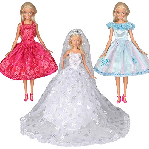 Tanosy 3 Sets Doll Dresses White Wedding Dress with Crown Veil and 2 Sets Party Dresses for 30cm/11.5 inch Girl Doll Xmas Gift (Wedding Dress+2 Sets Party Dresses)