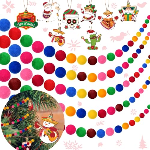 Cinnvoice 5 Pcs Mexican Christmas Felt Balls Garland with 8 Pcs Wooden Mexican Christmas Ornaments Colorful Pom Pom Garland 150 Wool Felt Ball Tree Feliz Navidad Xmas Holiday Decor