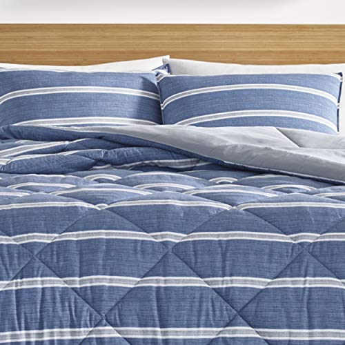 Nautica | Keller Collection | Ultra Soft & Cozy Silky Microfiber Reversible Box Quilted Comforter Matching Shams, 3-Piece Bedding Set, Queen, Blue/Grey #TOP3