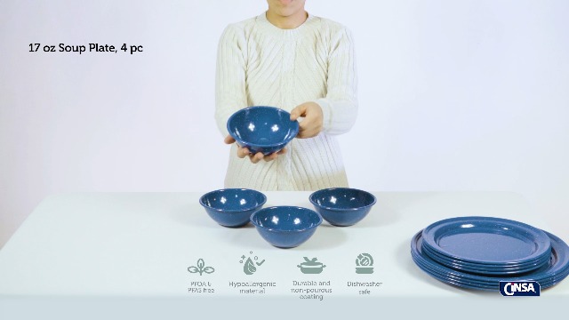 Cinsa 16 Piece Enamelware Dinnerware Set for 4. (Speckled Blue