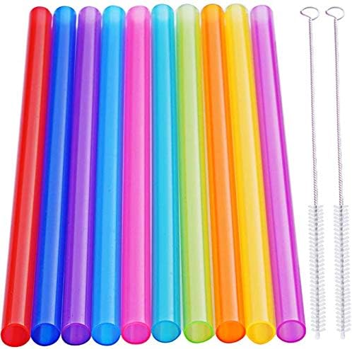 10 Pcs Reusable Wide Long Colorful Jumbo Smoothie Straws with 2 Cleaning Brushes.(0.4'' diameter and 10.2" long)-10 Color Value Pack-Use for Milkshake Smoothie Boba.