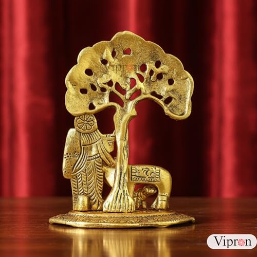 Image of Brass Finish Metal Lord Krishna with Cow and Tree Statue - Spiritual Hindu Art Decor for Home, Office, and Pooja Room - 5.7-inch Elegant Statue of Krishna