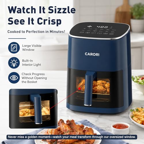 Image of CARORI 6 Qt Air Fryer with Viewing Window, 12 Presets, 1700W, 400F Max, Large Nonstick Dishwasher-Safe Basket, Bake, Roast, Reheat, Dehydrate, Blue