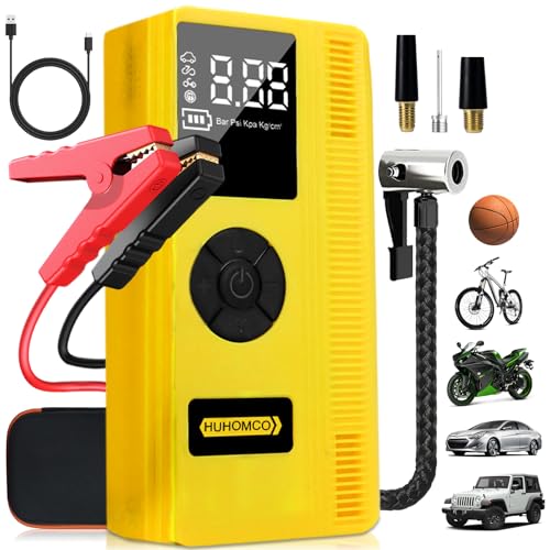 Huhomco 7-in-1 Car Jump Starter with Air Compressor, 3000A Portable 12V Power Pack, 150PSI Digital Tire Inflator for 9L Gas/7L Diesel, Multifunctional Jump Box with LED Light and Jumper Cables
