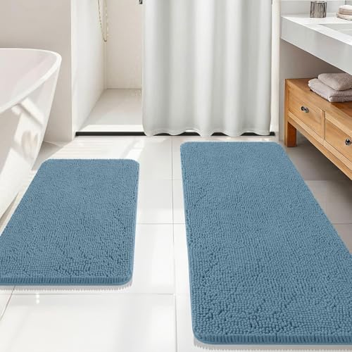 Image of OLANLY Bathroom Rugs Sets 2 Piece, Soft Absorbent Chenille Bath Mats Area Rug Set, Non-Slip, Quick Dry, Machine Washable Bath Mats for Bathroom, Home Decor Accessories (59 inchx20 inch+30 inchx20 inch, Airy Blue)