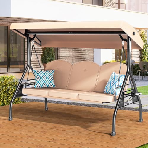 Image of ZZW 3 Seat Outdoor Porch Patio Swing with Stand 800lbs 2-in-1 Convertible Swing Bed with Adjustable Canopy & Removable Cushion for Yard Garden Deck (Khaki, Round Tube)