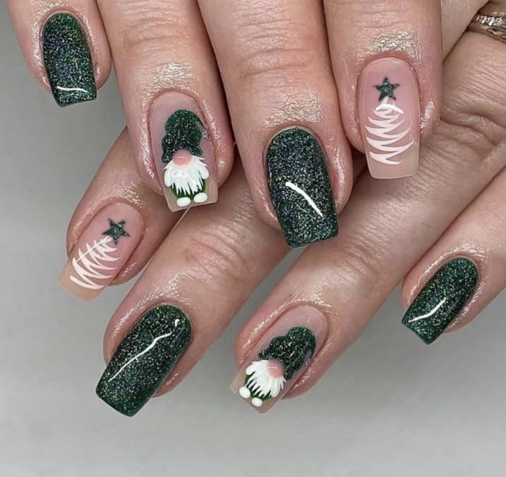 Curvlife Press on Nails Acrylic Fake Nails with Design Full Cover False Nails for Women Reusable Nail Kit with Nail Glue Adhesive Tabs Nail File (Green Christmas, 32pcs)