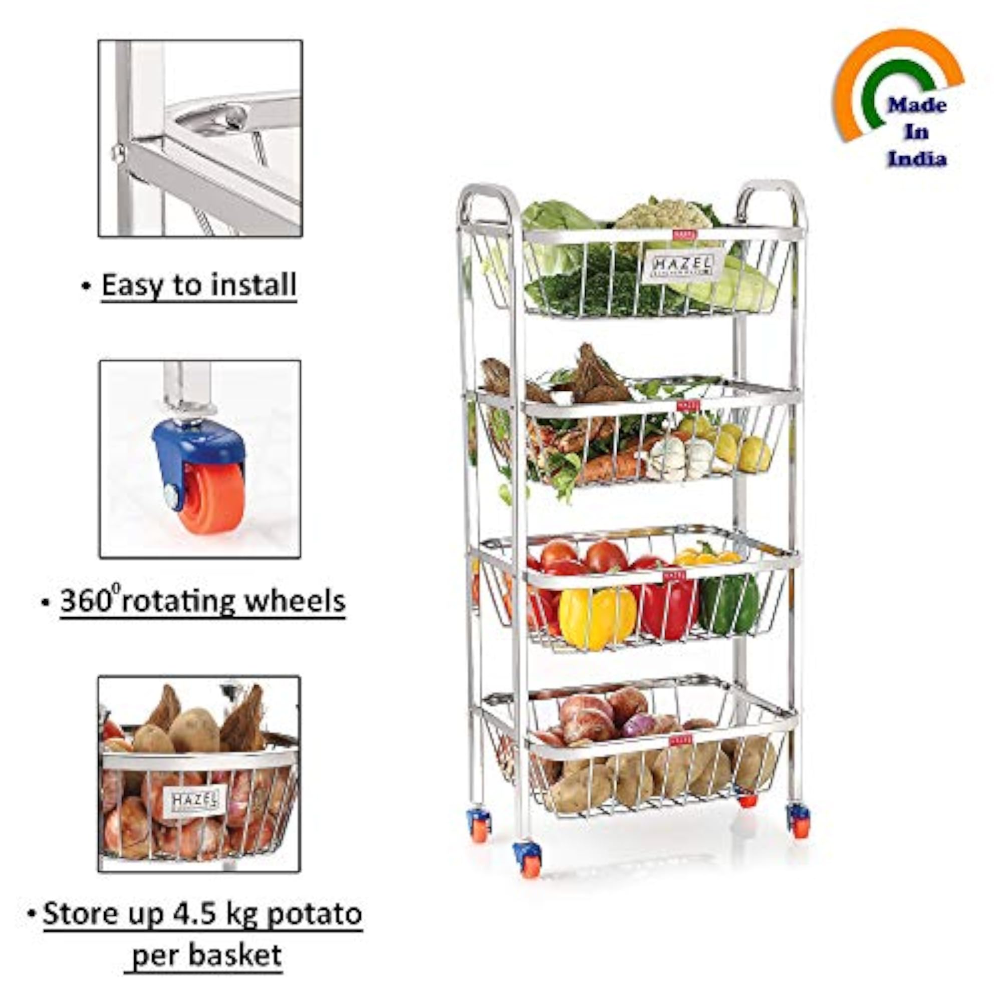 Stainless Steel Fruit Basket Trolley with Wheels