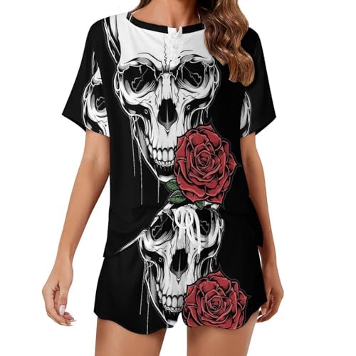 Pyjama femme manches courtes crâne rose contre la chaleur nocturne