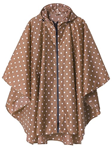 Rain Poncho Jacket Coat for Adults Hooded Waterproof with Zipper Outdoor (Point Coffee)