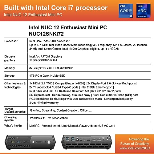 Image of Intel NUC 12 Enthusiast Mini PCs 14 Cores i7-12700H /Intel Arc A770M /32GB RAM /1TB SSD for Home /Audio-Visual /Business /Office (NUC12SNKi72)