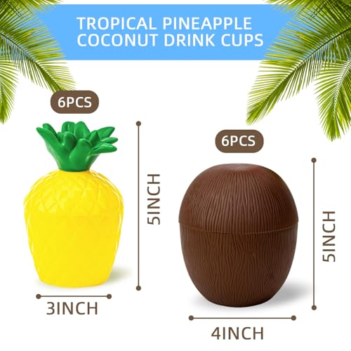 FUTUREPLUSX 12 Pineapple Coconut Cups with 12 Drink Straws, Tropical Hawaiian Luau Decorations and Beach Pool Theme Party Favors for Kids Adults