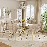 VAKTULS 7 Piece Round Glass Dining Table Set, 47'' Large Modern Kitchen Table with 6 Beige Luxury...