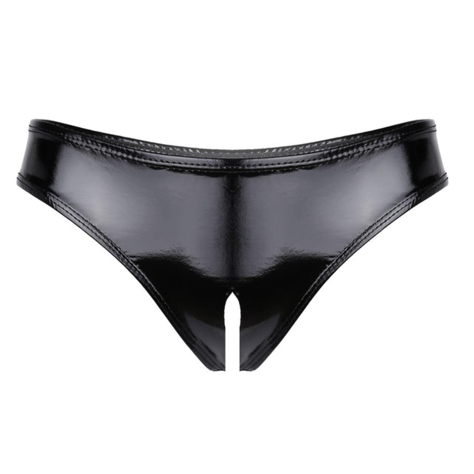 Piyax Women's Black Sissy Sexy Panties Erotic Lingerie Crotchless Briefs Underpants Wet Look Patent Leather Latex Panties Underwear Clubwear