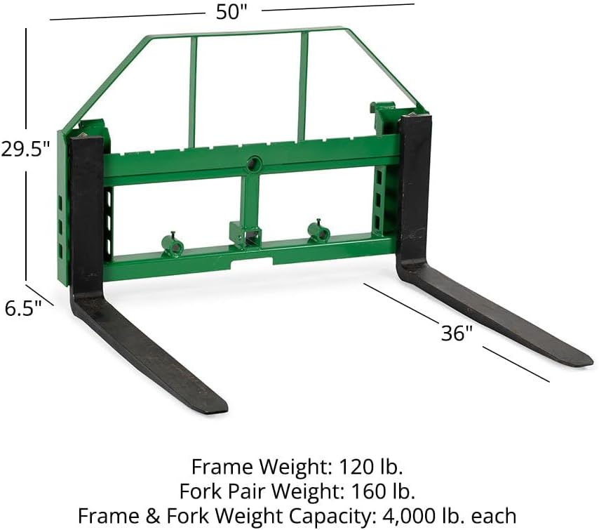 Titan Attachments Standard Series Pallet Fork Frame, 36" Fork Blades, Hook and Pin Mounting Style, Rated 4000 LB, Conus 2 Hay Spear Sleeves and 2" Receiver Hitch Included