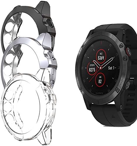 Compatible for Garmin Fenix 5X & Garmin Fenix 5X Plus Watch Accessories Protector Case Soft TPU Shock Proof Scratch Resistant Cover Ultra Thin Protector Shell Bumper (Black+Guncolor+Crystal)