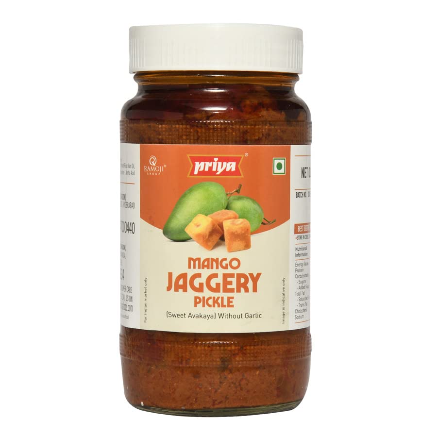 Priya Mango Jaggery Pickle without Garlic, 500g - Authentic Telugu Style Achar| Traditional South Indian Taste| Homemade Mango Jaggery Achar| Sweet and Tangy| Glass Jar