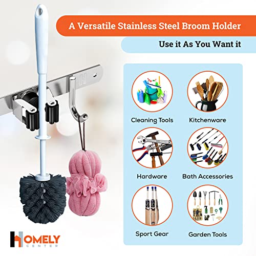Broom Holder Wall Mount - 16" Wall Stud Installation Broom Mop Holder Wall Mounted - Broom Hanger with 3 Unit Clamps and 4 Utility Hooks for Storage, Closet - Broom Organizer Wall Mount - Broom Rack 7 5144puOhg6L