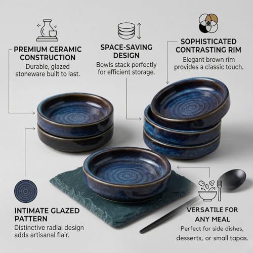 Image of Reactive Glaze Dip Bowl Set, Blue Ceramic Serving Bowls, Set of 6