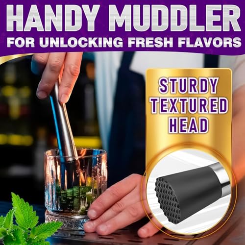 Image of finality Mojito Muddler Bar Tool Set, 3 PCS Cocktail Set Mixing Tools Stainless Steel Cocktail Muddler with Cocktail Spoon Long Handle and Jigger for Mojitos Fruit Drinks (Fork Spoon Jigger Set)