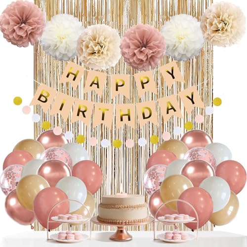 Balões de festa retro em rosa, faixa de aniversário boémio com pompons e borlas, decoração rústica neutra para mulheres jovens ou idosos