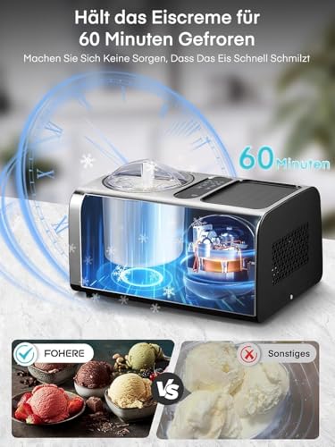 3-in-1 Eismaschine 2L, Joghurtfunktion, Testsieger 2024, 180 W Eiscrememaschine aus Edelstahl mit Kühl- u. Heizfunktion, hausgemachtes Speiseeis mit selbstkühlendem Kompressor, FOHERE – Bild 8