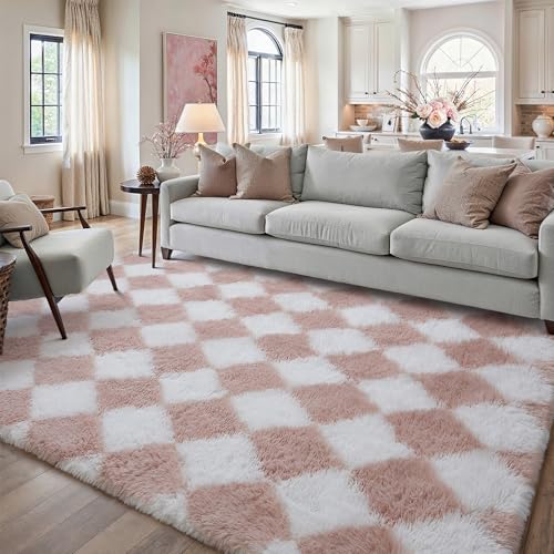 WondRg 6x9 Checkered Rug for Living Room Pink and White Soft Fluffy Shag Area Rug Bedroom Cute Plush High Pile Non Slip Fuzzy Carpet for Office Aesthetic Home Decor 6'x9' A-pink