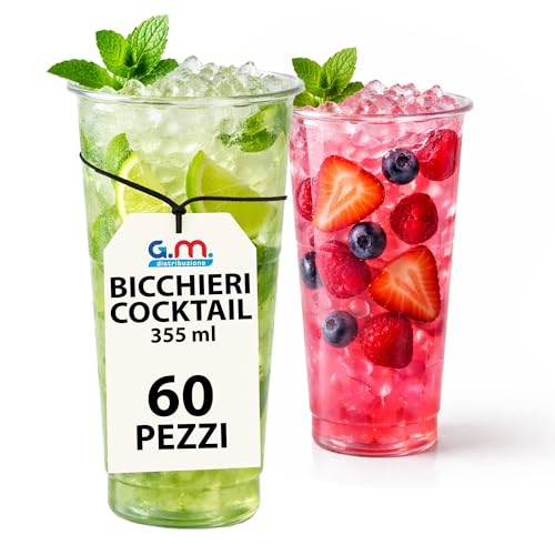 G.M. DISTRIBUZIONE 60 Bicchieri da Cocktail Monouso in Plastica Trasparente da 355ml, Tumbler Usa e Getta di Alta Qualità x Bevande fredde, Riciclabili, Discoteche, Gin tonic, Mojito