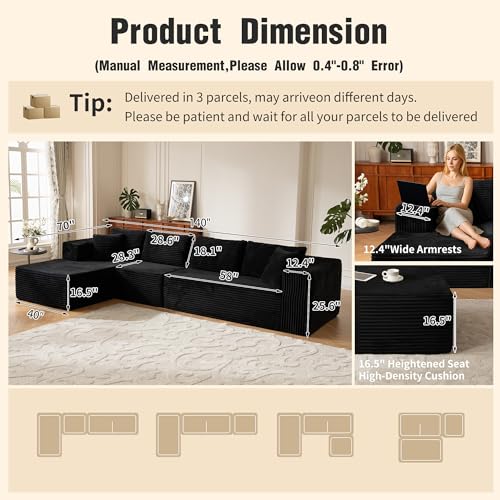 Image of 140 inch Oversized No Assembly Compression Boneless Cloud Sectional Couches for Living Room, L-Shape Comfy Fluffy Sleeper Sofa Bed, Modular Corduroy Reclining Memory Foam Furniture for Bedroom Home Black