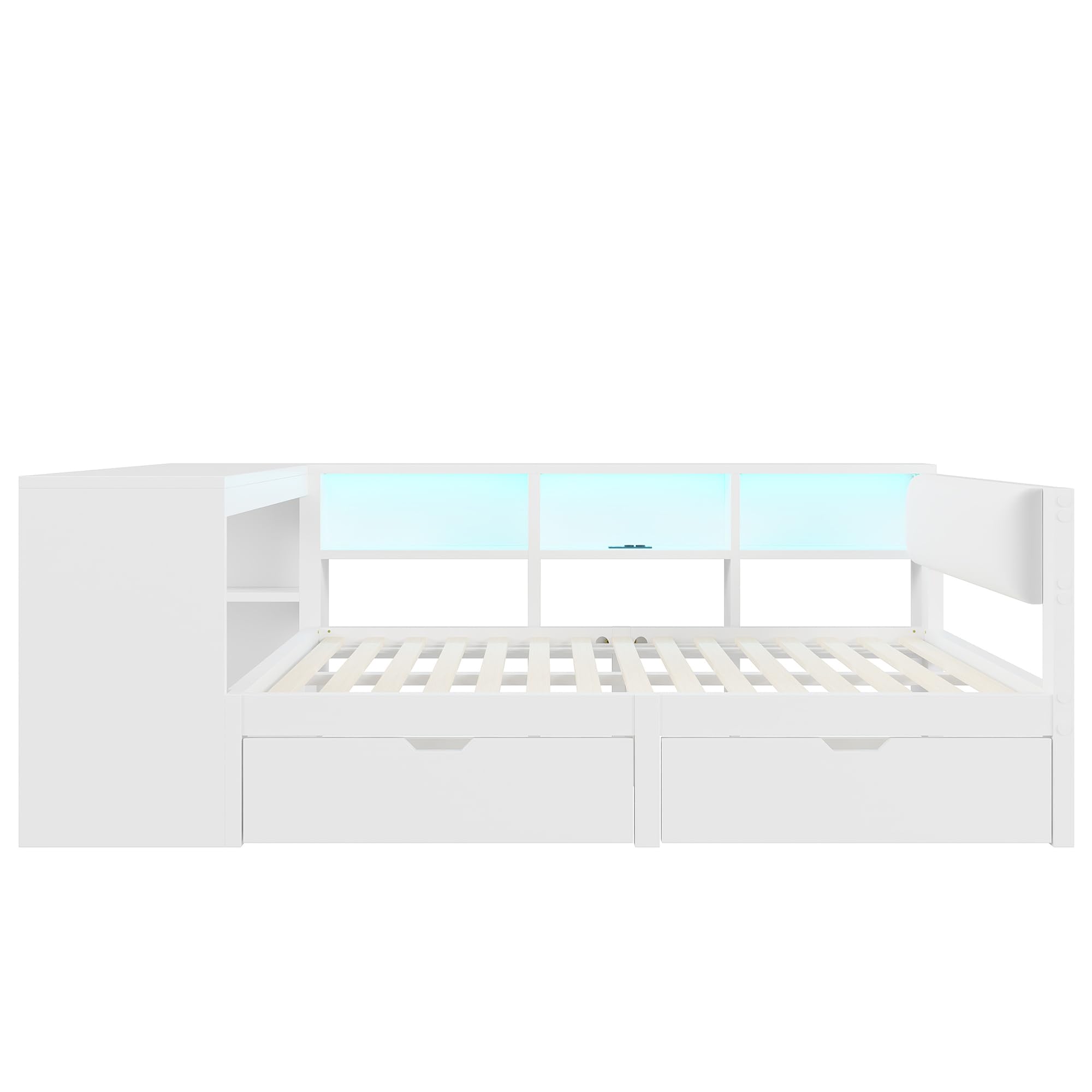 Tagesbett Doppelbett 140x200 cm mit LED Licht und USB, Schlafsofa Jugendbett Bett mit Stauraum und Schubladen, Holzbett Bettgestell mit Lattenrost und Schreibtisch, Weiß, Ohne Matratze