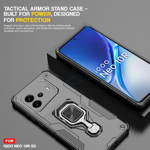 Image of AESTMO Armor Back Cover for iQOO Neo 10R 5G | Ring Holder & Kickstand & Camera Protection in-Built | 360 Degree Protection Back Case Cover (Black)