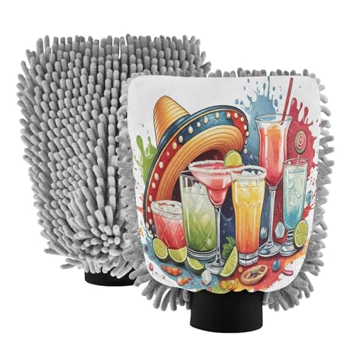 STAYTOP Cocktail Pattern Car Wash Mitt Microfiber, 2Pcs Scratch Free Lint-Free, Premium Chenille Microfiber Mitt Car Wash Brush-L