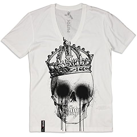 Pistol Boutique Mens White Deep V-Neck Skull Crown T-Shirt (Medium) Cover
