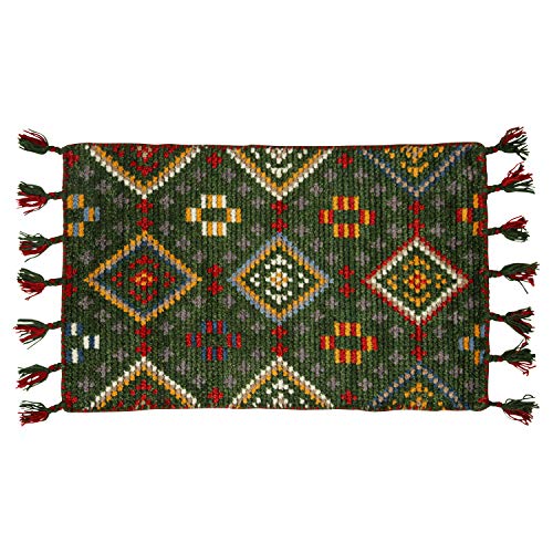 萩原 玄関マット 屋内 グリーン 約60×90cm 「クームース ヤード」 ウール100% 羊毛 手織り ノルディック エスニック