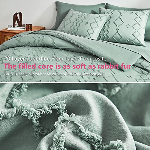 Aikasy Green Tufted Bed In A Bag Queen,Geometry Embroidery Comforter Set 7 Pieces，Boho Shabby Chic Comforter Bedding Sets, Soft Microfiber Comforter For All Seasons (Green, 90"X90") #TOP4