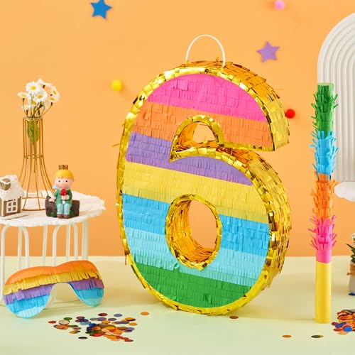 MUWOOB Rainbow Number 6 Pinata for 6th Birthday Party Decorations, Fiesta, Kids Anniversary Celebration, Birthday Pinata with Stick, Blindfold and Confetti (Small, 16.5 x 11.5 x 3 In)