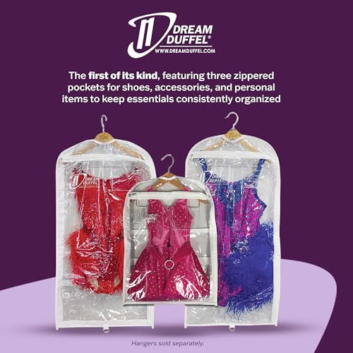Clear Garment Bags for Dance Costumes 3-Pack, Gusseted, Short-Size, Side Zipper Entry, Storage Pockets for Accessories, 24”x18”x2”, Dream Duffel