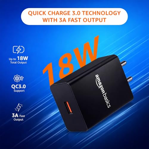 Image of Amazon Basics 18W Quick Charge 3.0 Wall Charger | USB Port | BIS Certified | Fast Mobile Charger for Android, TWS, Headphones & Power Banks, Black